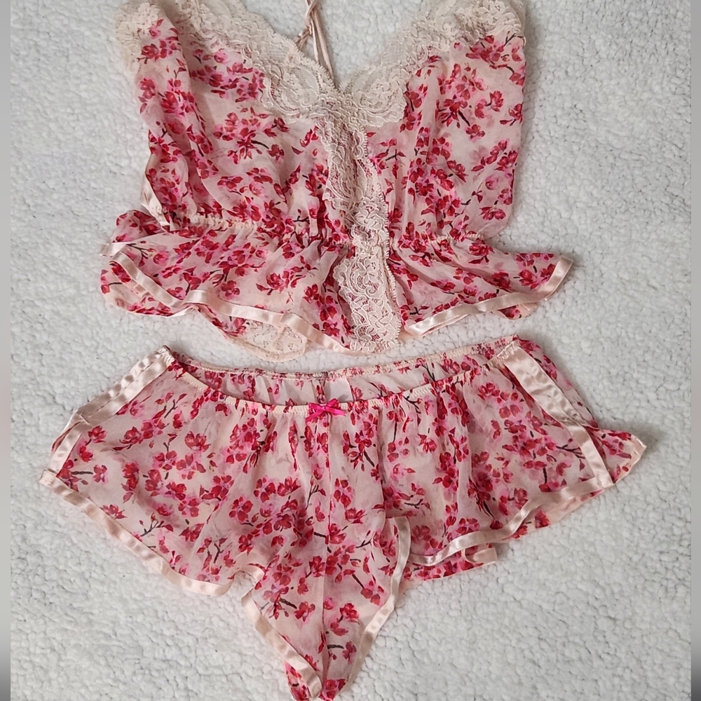 Floral Lace Trim Cami & Short Sleep Set - Pink